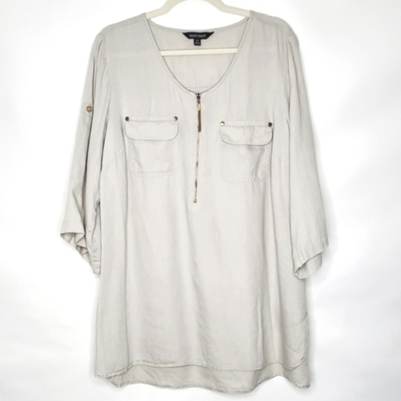 Ellen Tracy LINEN Zip Front Shirt Size 1X Pockets Roll Tab Sleeves Coastal Top - Picture 13 of 13